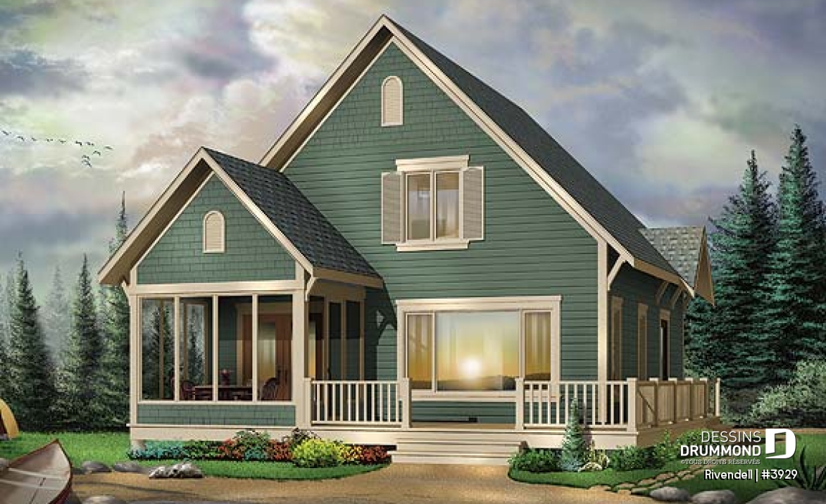 Vue avant - MODÈLE DE BASE - Plan de petit chalet (ski), rangement ski à l'entrée, 3 chambres, abri moustiquaire, îlot, 2 salles de bain - Rivendell