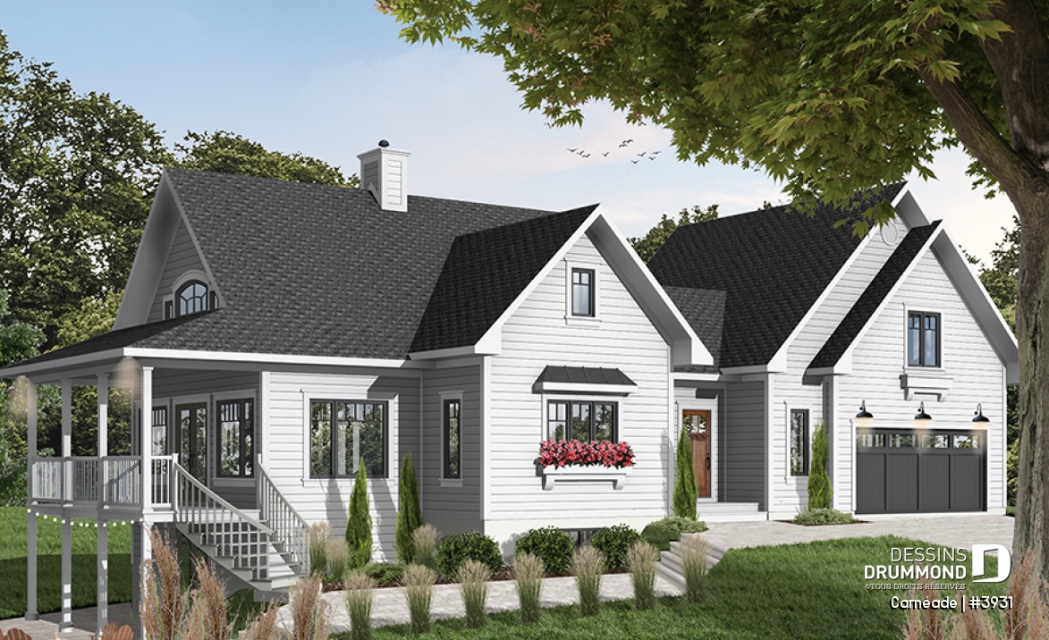 Vue avant - MODÈLE DE BASE - Plan de chalet, 3 chambres, 3.5 salles de bain, suite pour invités au-dessus du garage double - Carnéade