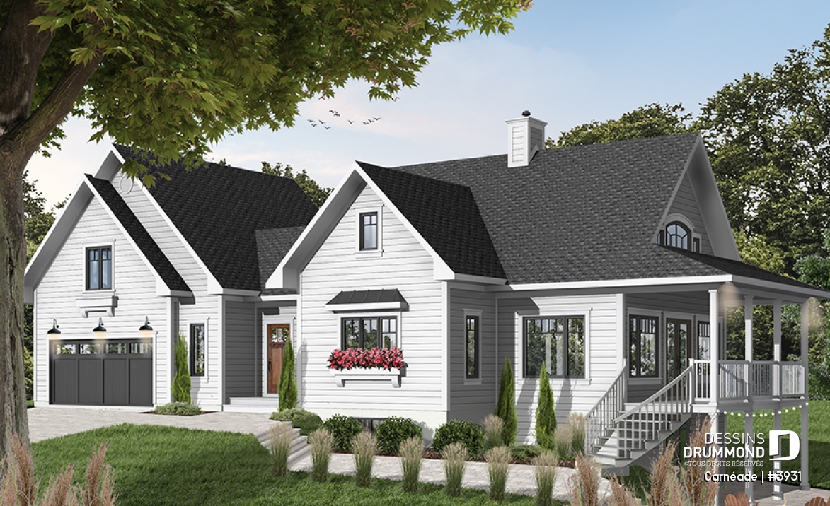 Vue avant - MODÈLE DE BASE - Plan de chalet, 3 chambres, 3.5 salles de bain, suite pour invités au-dessus du garage double - Carnéade