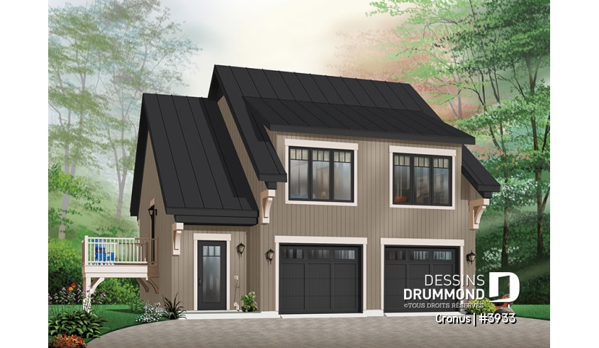 Version couleur no. 5 - Vue avant - Plan de garage double de grand format, logement 2 chambres  à l'étage avec balcon, buanderie et plus - Cronus