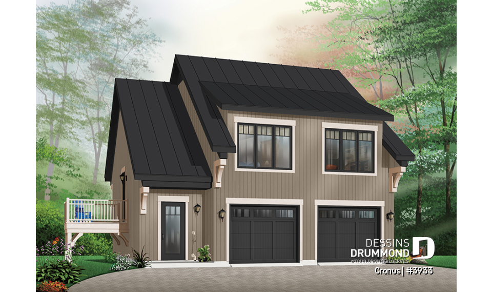 Version couleur no. 5 - Vue avant - Plan de garage double de grand format, logement 2 chambres  à l'étage avec balcon, buanderie et plus - Cronus