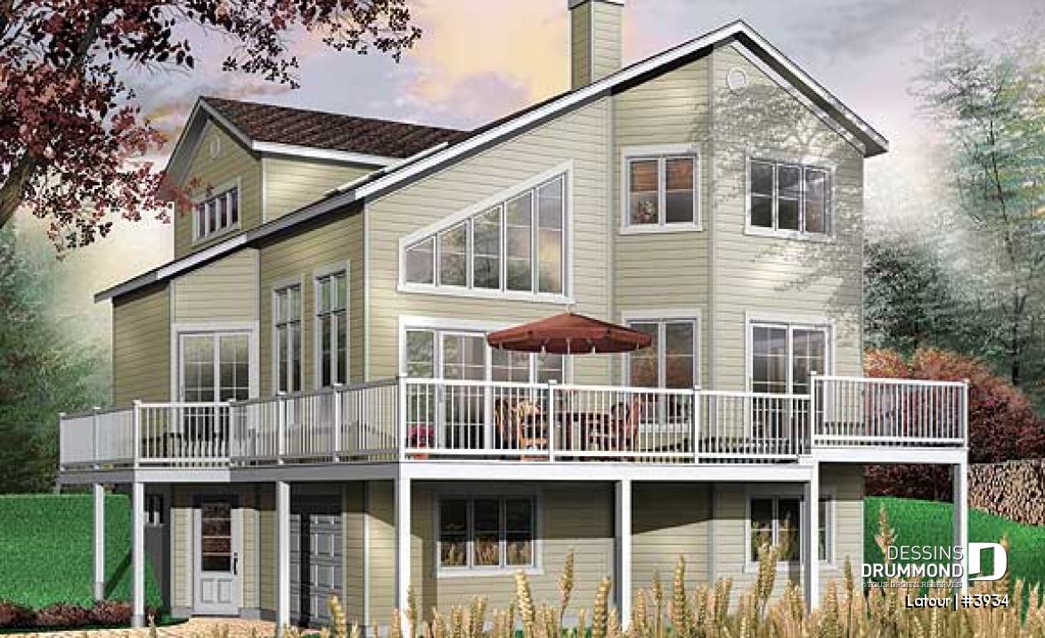 Vue arrière - MODÈLE DE BASE - Plan de chalet bord de l'eau, 3 chambres, garage, grande terrasse, foyer, plancher aire ouverte - Latour