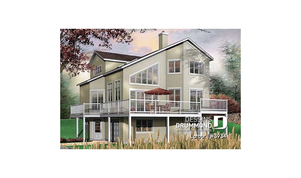 Vue arrière - MODÈLE DE BASE - Plan de chalet bord de l'eau, 3 chambres, garage, grande terrasse, foyer, plancher aire ouverte - Latour