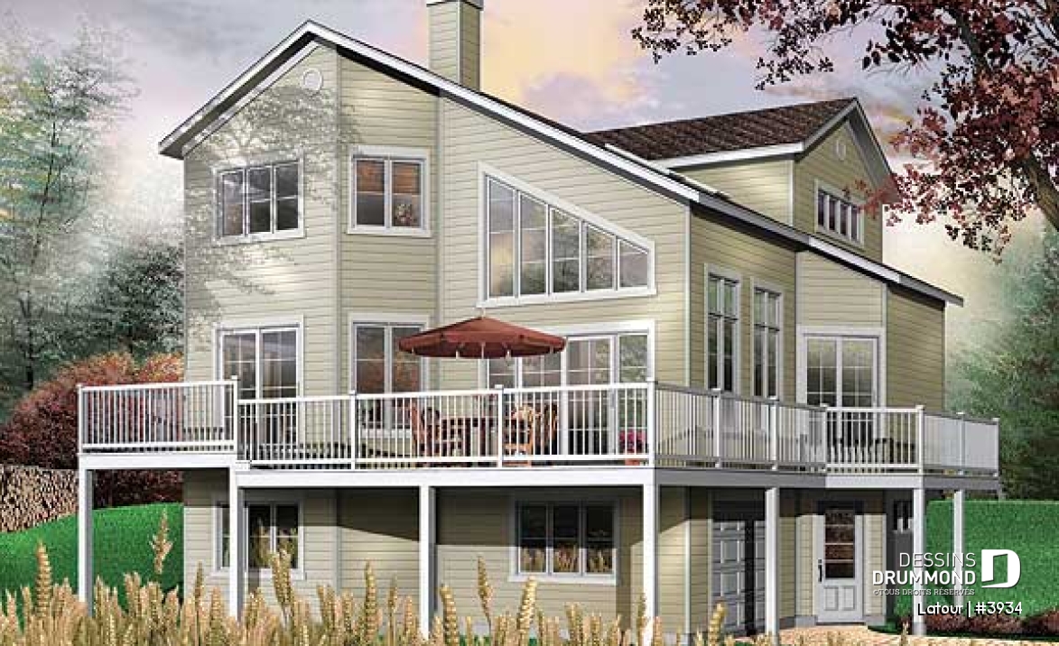 Vue arrière - MODÈLE DE BASE - Plan de chalet bord de l'eau, 3 chambres, garage, grande terrasse, foyer, plancher aire ouverte - Latour