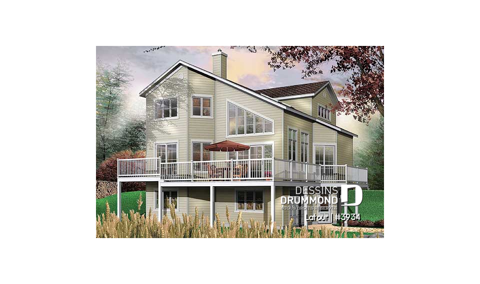 Vue arrière - MODÈLE DE BASE - Plan de chalet bord de l'eau, 3 chambres, garage, grande terrasse, foyer, plancher aire ouverte - Latour
