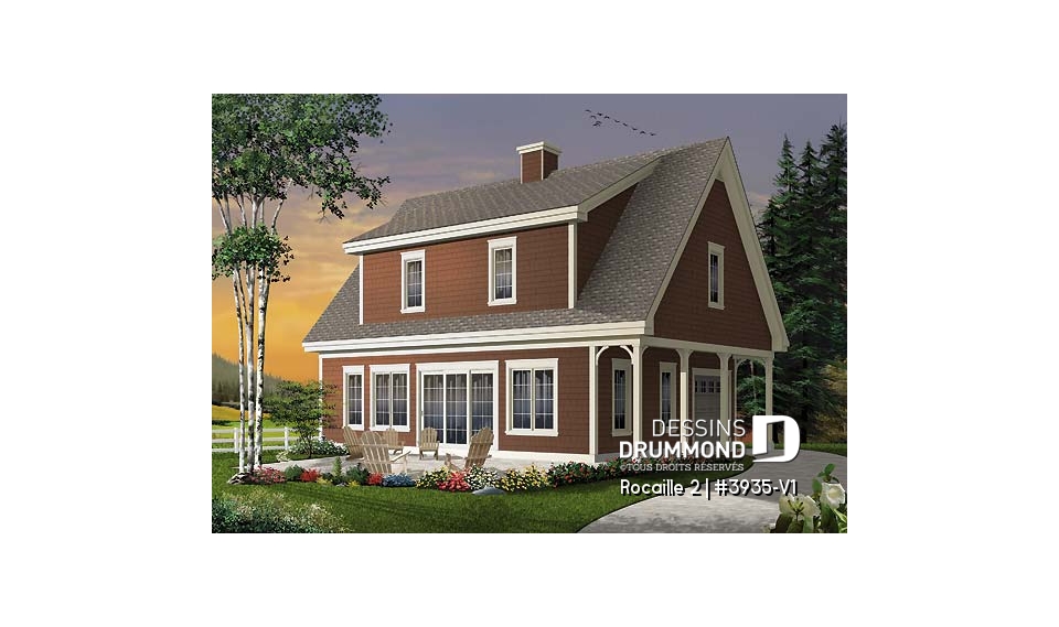 Vue avant – Modèle ORIGINAL - Plan de maison campagnard, avec garage, suite des maîtres, 3 chambres, 3 salles de bain  - Rocaille 2