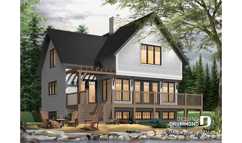 Version couleur no. 2 - Vue arrière - Plan de maison bord de l'eau, 3 chambres avec espace ouvert offrant une vue panoramique - Aubervillier