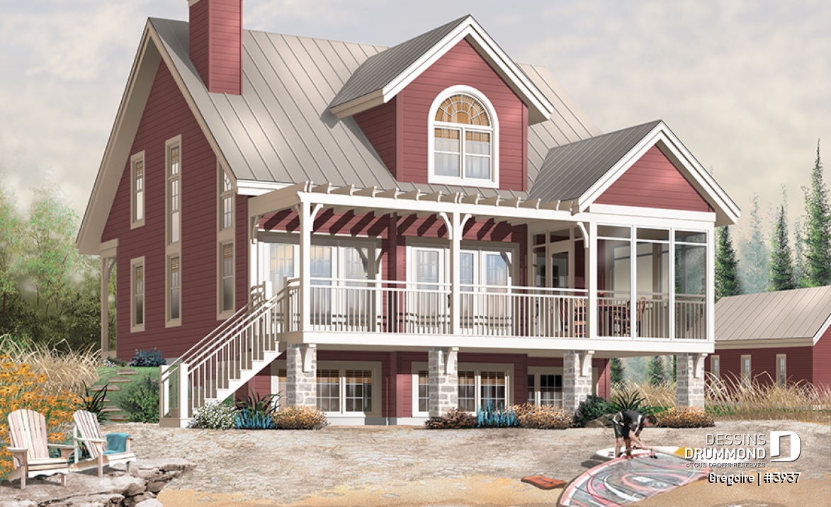 Vue arrière - MODÈLE DE BASE - Cottage de 3 chambres avec mezzanine, abri moustiquaire à la terrasse arrière et espace ouvert - Grégoire