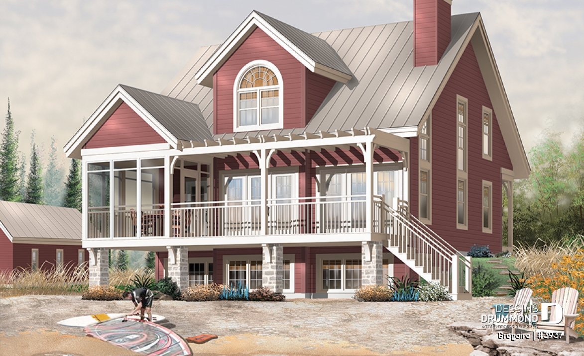 Vue arrière - MODÈLE DE BASE - Cottage de 3 chambres avec mezzanine, abri moustiquaire à la terrasse arrière et espace ouvert - Grégoire