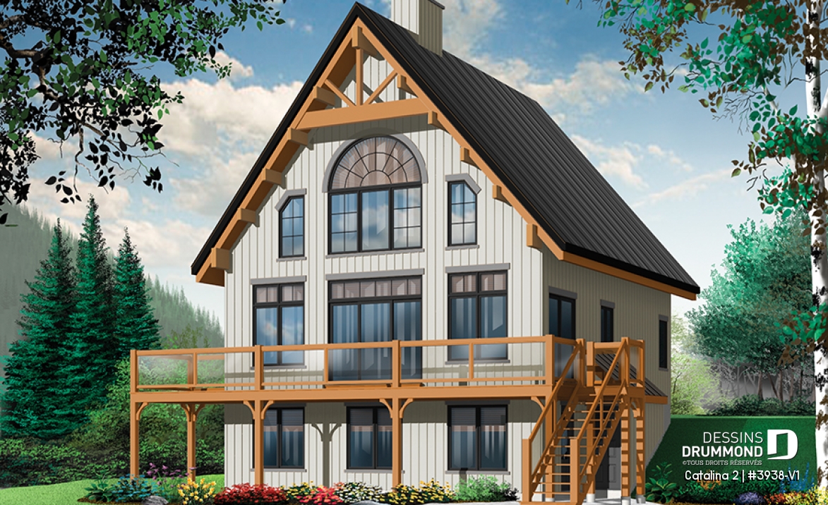Version couleur no. 1 - Vue avant - Plan de chalet 3 à 5 chambres, rez-de-jardin, foyer double, mezzanine, grande buanderie, grande terrasse - Catalina 2