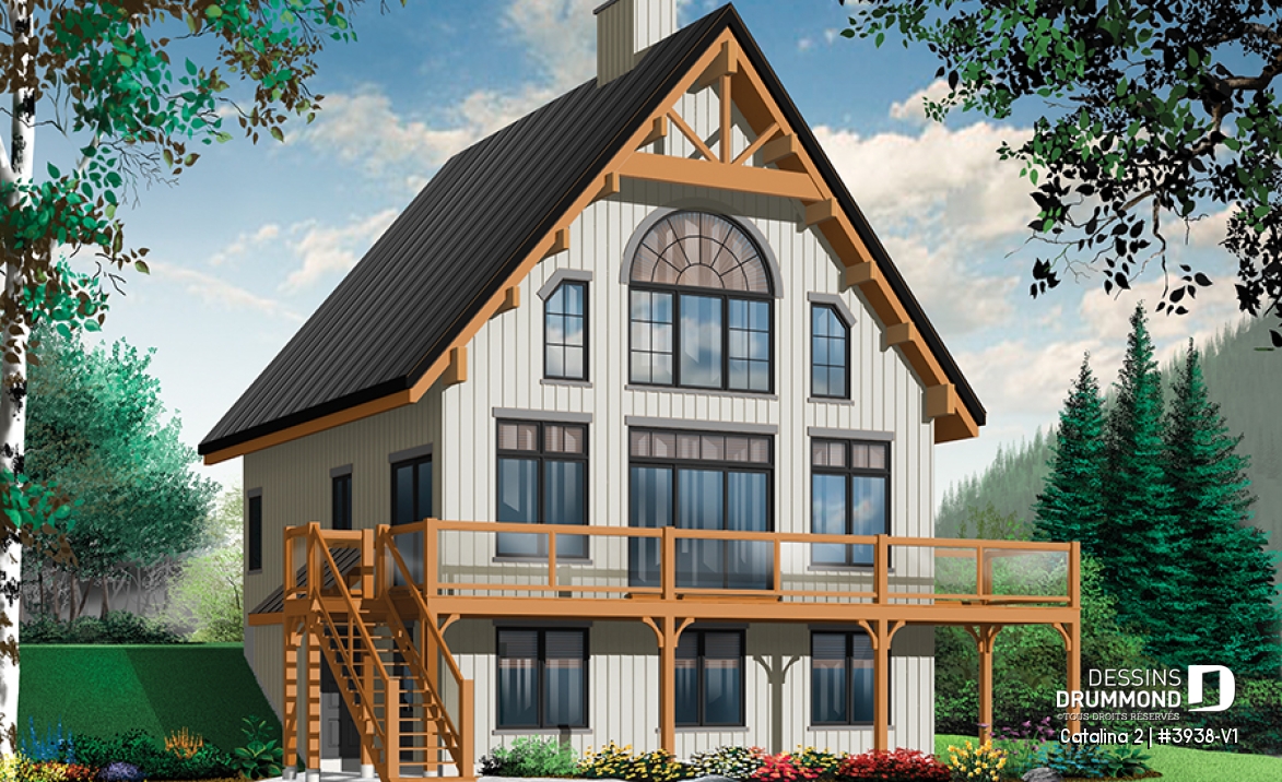 Version couleur no. 1 - Vue avant - Plan de chalet 3 à 5 chambres, rez-de-jardin, foyer double, mezzanine, grande buanderie, grande terrasse - Catalina 2