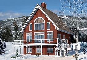 Vue avant - MODÈLE DE BASE - Plan de chalet 3 à 5 chambres, rez-de-jardin, foyer double, mezzanine, grande buanderie, grande terrasse - Catalina 2