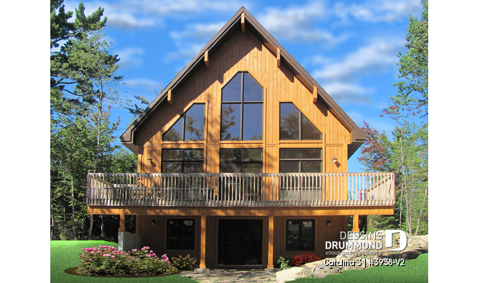 Vue arrière - MODÈLE DE BASE - Plan de chalet rustique, vue panoramique, 3 chambres, 2 salles de bain, plafond cathédrale, foyer, mezzanine - Catalina 3