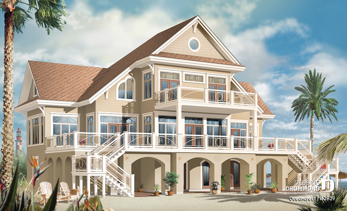 Vue arrière - MODÈLE DE BASE - Plan de maison 4 à 5+ chambres, style Méditéranéen, 2 suites, ascenseur, grande terrasse - Oceancrest