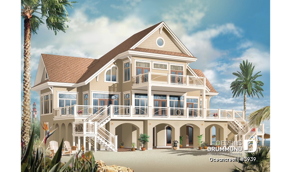 Vue arrière - MODÈLE DE BASE - Plan de maison 4 à 5+ chambres, style Méditéranéen, 2 suites, ascenseur, grande terrasse - Oceancrest