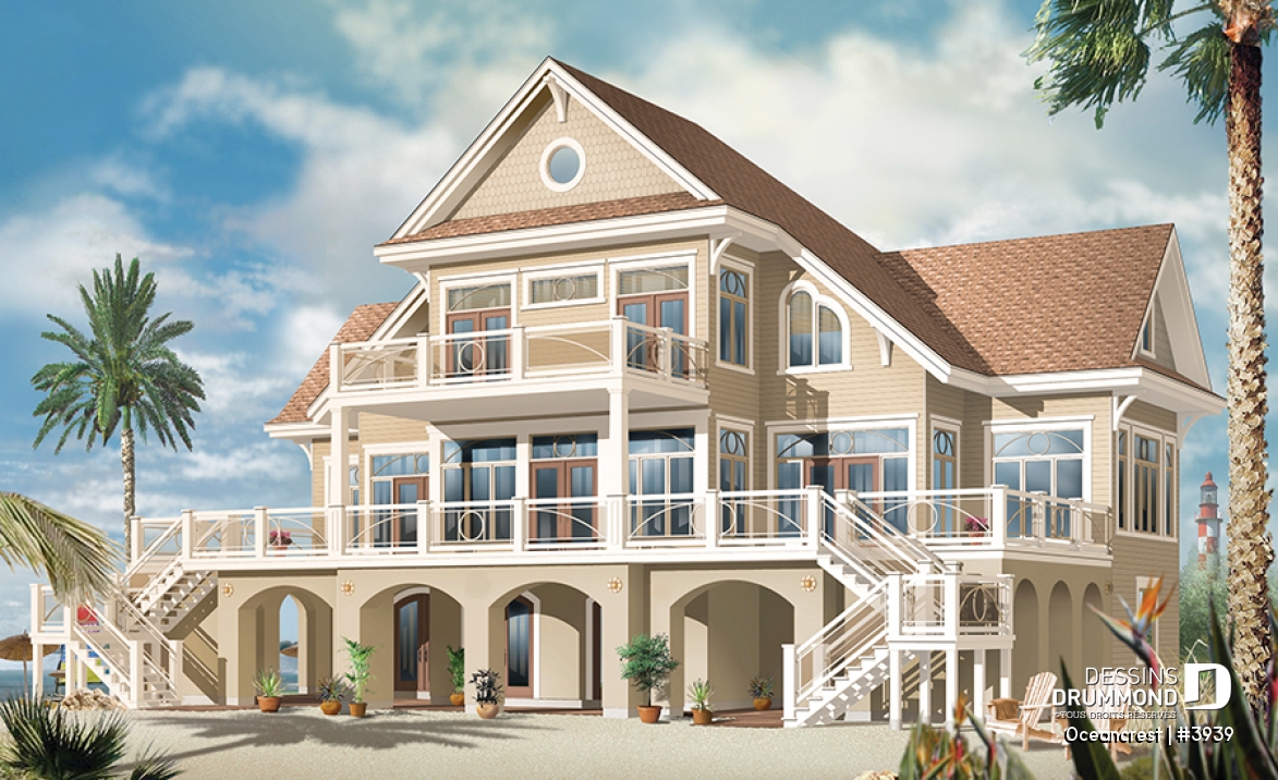 Vue arrière - MODÈLE DE BASE - Plan de maison 4 à 5+ chambres, style Méditéranéen, 2 suites, ascenseur, grande terrasse - Oceancrest