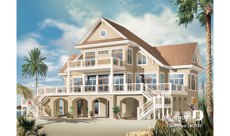 Vue arrière - MODÈLE DE BASE - Plan de maison 4 à 5+ chambres, style Méditéranéen, 2 suites, ascenseur, grande terrasse - Oceancrest