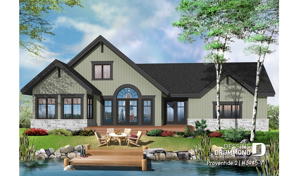 Version couleur no. 5 - Vue arrière - Magnifique plan de chalet 4-saisons, grand balcon arrière, plafond cathédrale, foyer double, 3 chambres - Proventide 2