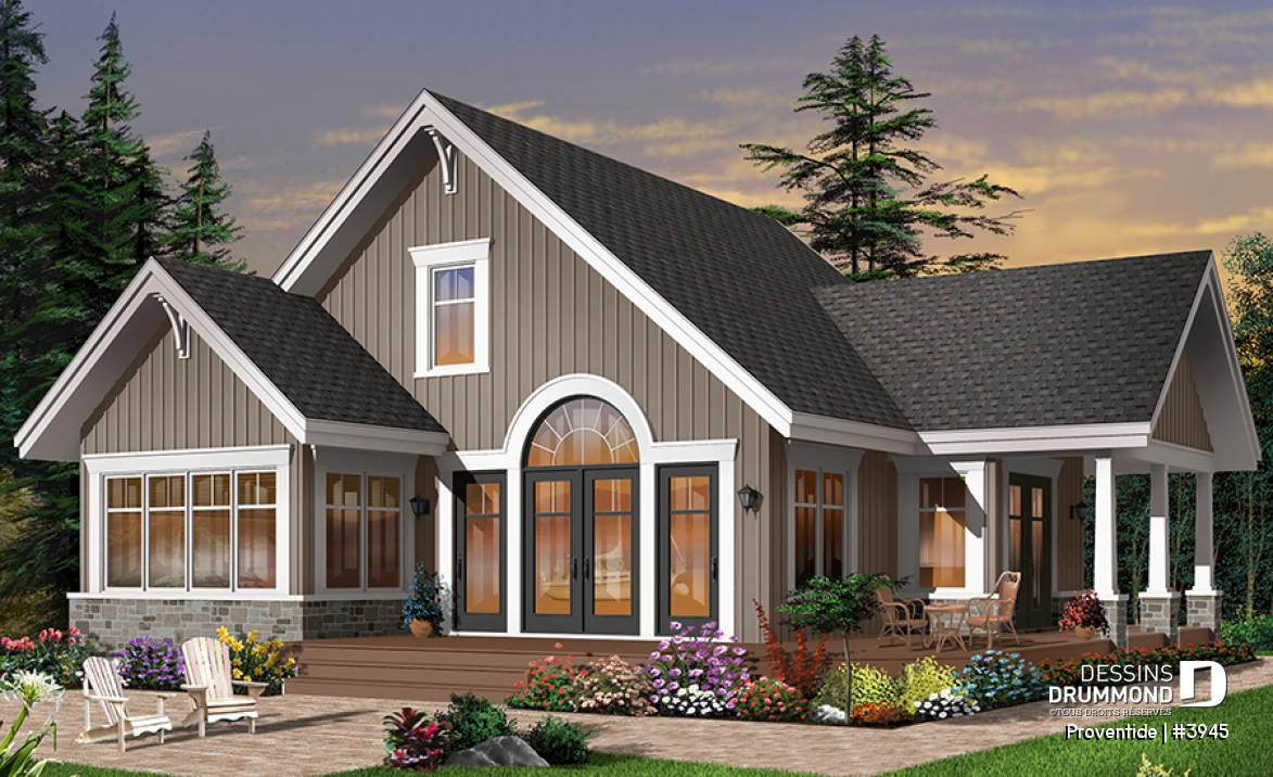 Vue arrière - MODÈLE DE BASE - Maison style chalet panoramique avec chambre des maîtres au rez-de-chaussée, foyer, plancher à aire ouverte - Proventide