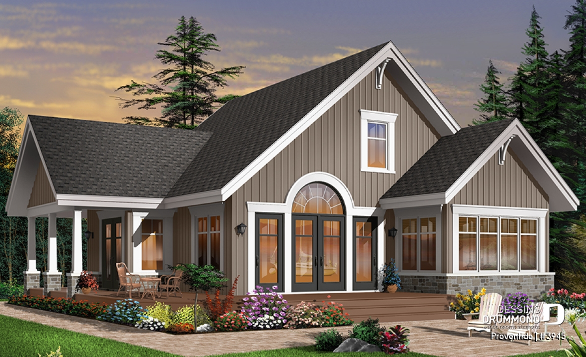 Vue arrière - MODÈLE DE BASE - Maison style chalet panoramique avec chambre des maîtres au rez-de-chaussée, foyer, plancher à aire ouverte - Proventide