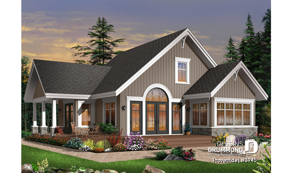 Vue arrière - MODÈLE DE BASE - Maison style chalet panoramique avec chambre des maîtres au rez-de-chaussée, foyer, plancher à aire ouverte - Proventide