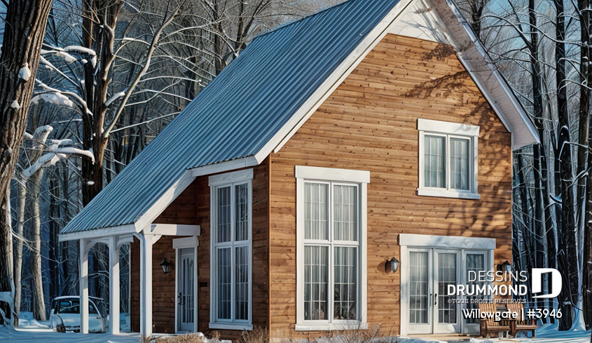 Vue avant - MODÈLE DE BASE - Plan de chalet abordable, 2 chambres, plafond cathédral avec mezzanine, 2 salles de bain, belle lumière - Willowgate