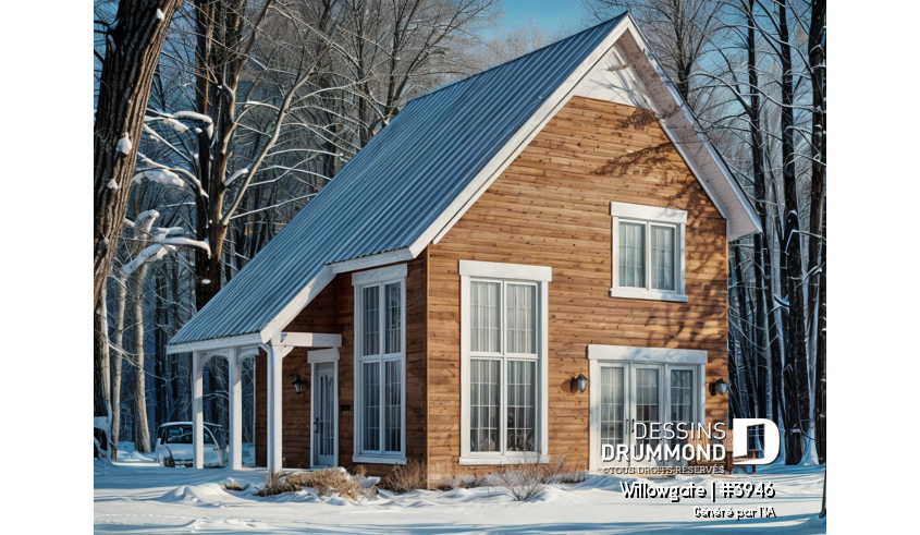 Vue avant - MODÈLE DE BASE - Plan de chalet abordable, 2 chambres, plafond cathédral avec mezzanine, 2 salles de bain, belle lumière - Willowgate