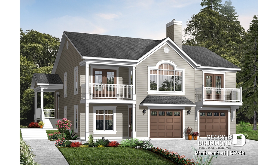 Vue avant - MODÈLE DE BASE - Plan de chalet panoramique avec plancher inversé, garage double, 4 chambres, salle de jeux, foyer - Montalembert