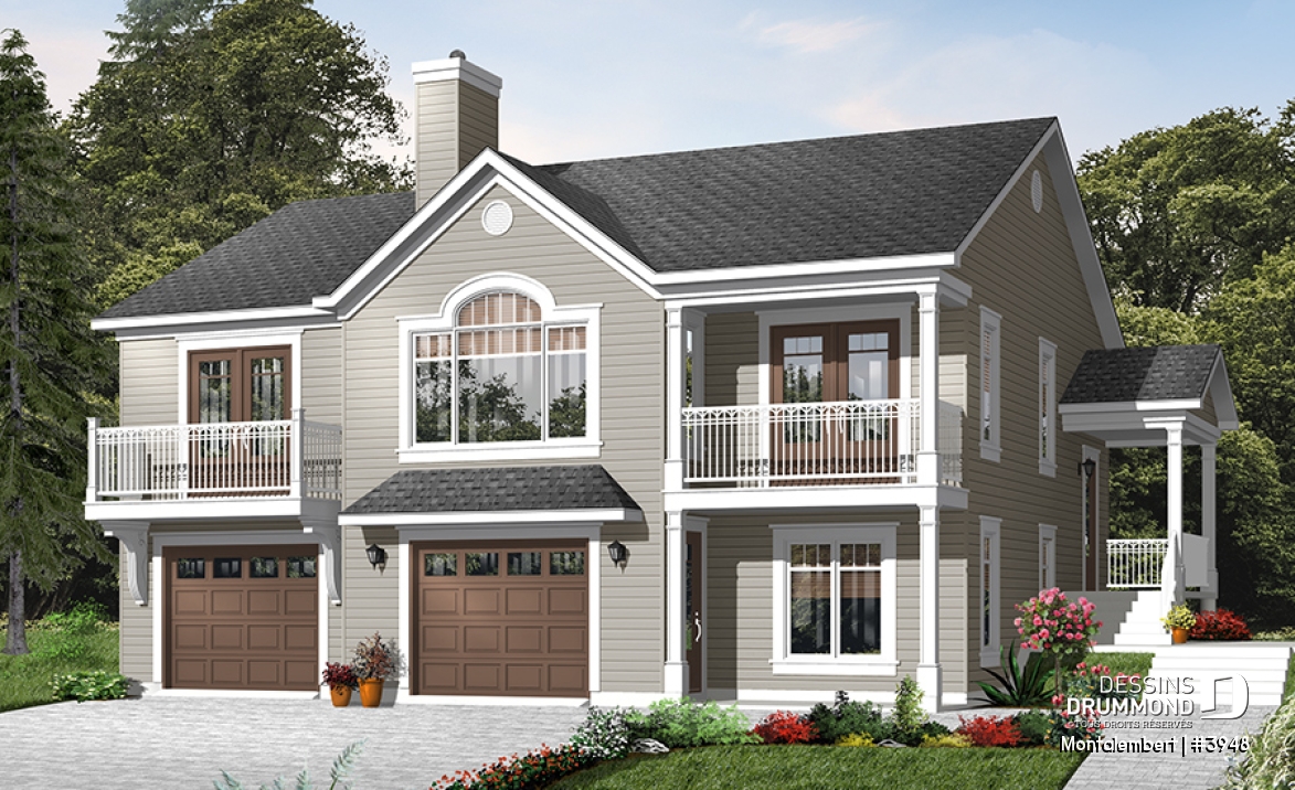 Vue avant - MODÈLE DE BASE - Plan de chalet panoramique avec plancher inversé, garage double, 4 chambres, salle de jeux, foyer - Montalembert
