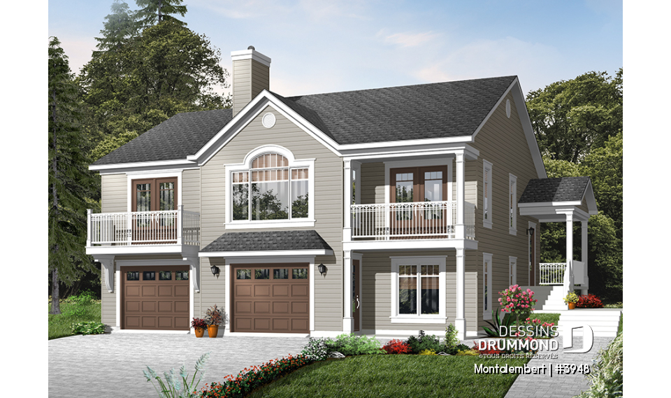 Vue avant - MODÈLE DE BASE - Plan de chalet panoramique avec plancher inversé, garage double, 4 chambres, salle de jeux, foyer - Montalembert