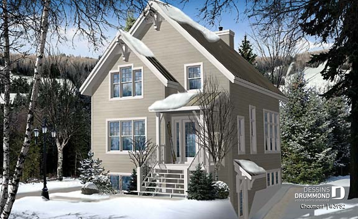 Vue avant - MODÈLE DE BASE - Plan de maison genre chalet de ski moderne rustique, 2 à 4 chambres, vue arrière panoramique - Chaumont 