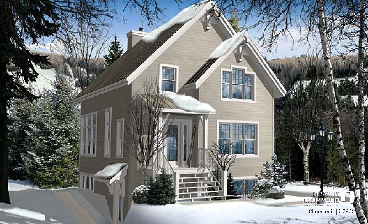 Vue avant - MODÈLE DE BASE - Plan de maison genre chalet de ski moderne rustique, 2 à 4 chambres, vue arrière panoramique - Chaumont 
