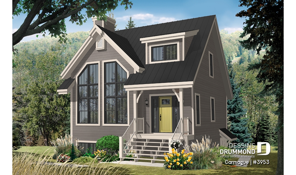 Version couleur no. 8 - Vue avant - Plan de maison genre chalet de ski avec mezzanine, 1 à 3 chambres, cathédrale &amp; mezzanine - Carmague