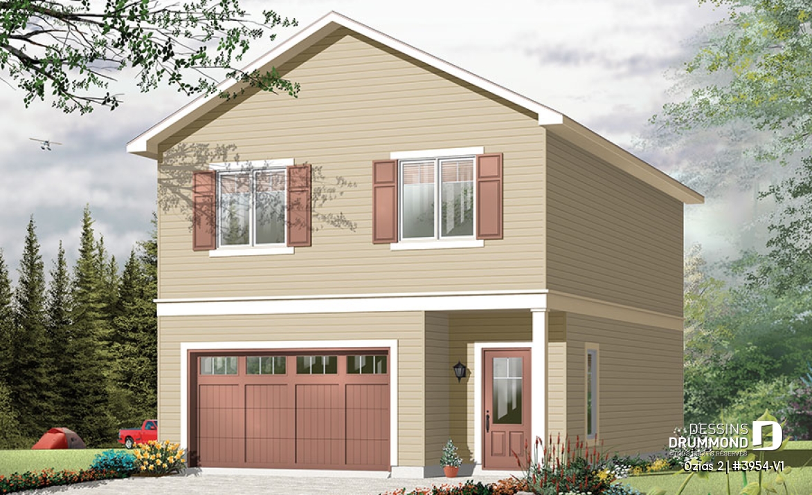 Vue avant – Modèle ORIGINAL - Plan de grand garage simple + atelier, logement 2 chambres à l'étage, aire ouverte, beaucoup de rangement - Ozias 2