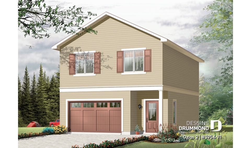 Vue avant – Modèle ORIGINAL - Plan de grand garage simple + atelier, logement 2 chambres à l'étage, aire ouverte, beaucoup de rangement - Ozias 2