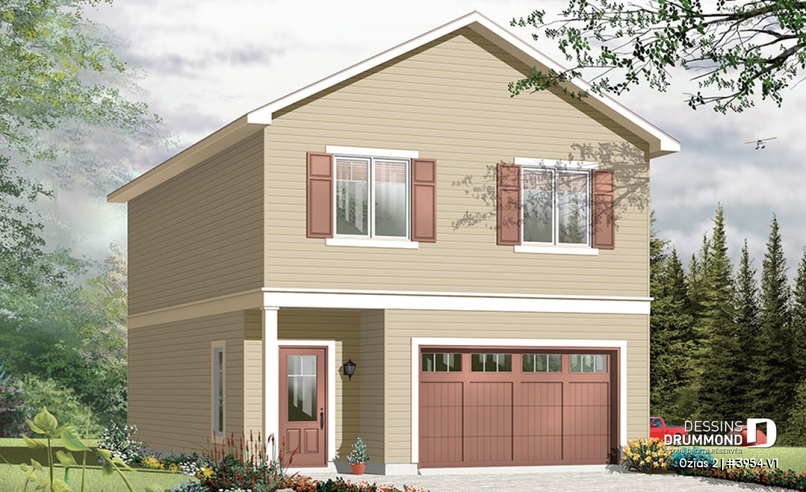 Vue avant – Modèle ORIGINAL - Plan de grand garage simple + atelier, logement 2 chambres à l'étage, aire ouverte, beaucoup de rangement - Ozias 2