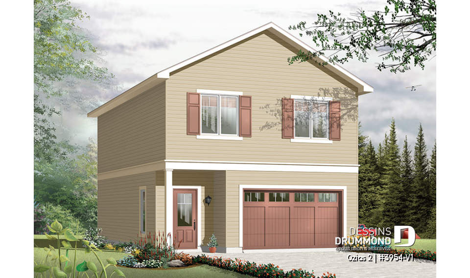 Vue avant – Modèle ORIGINAL - Plan de grand garage simple + atelier, logement 2 chambres à l'étage, aire ouverte, beaucoup de rangement - Ozias 2