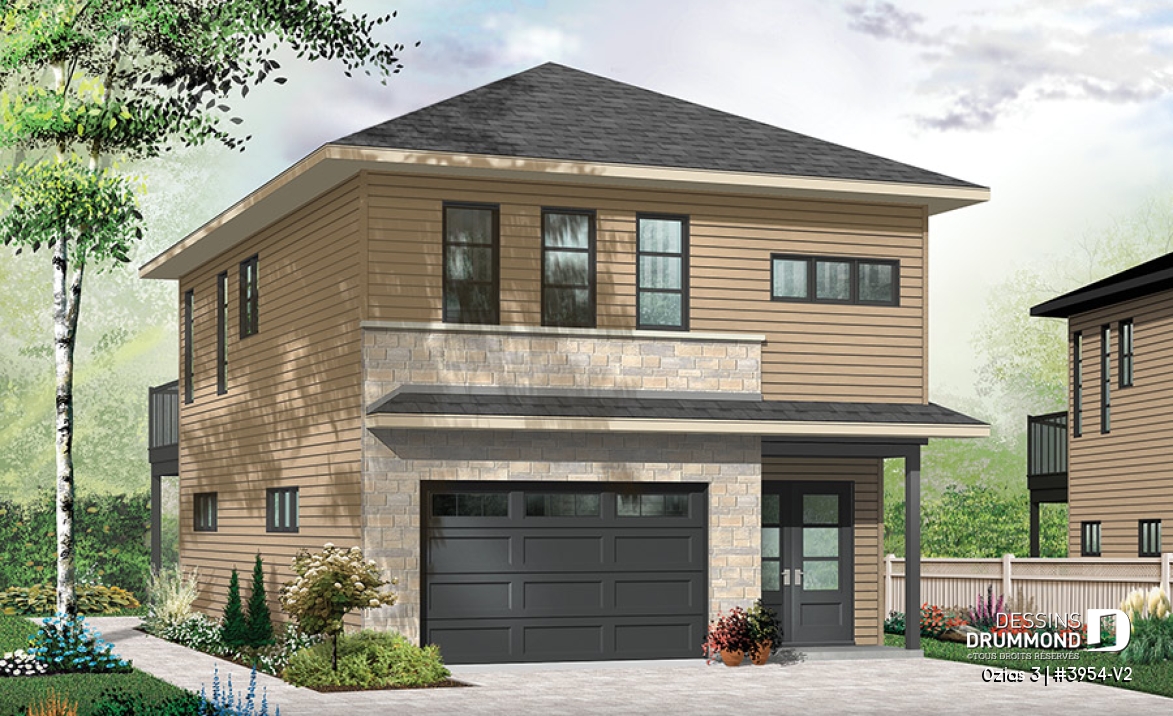 Vue avant - MODÈLE DE BASE - Plan de garage, logement une chambre à l'étage, style urbain, une chambre, grande terrasse et à aire ouverte - Ozias 3