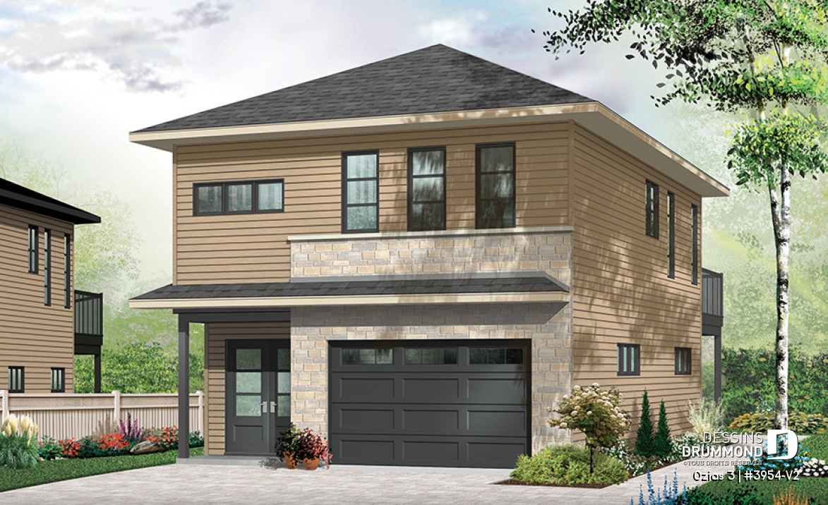 Vue avant - MODÈLE DE BASE - Plan de garage, logement une chambre à l'étage, style urbain, une chambre, grande terrasse et à aire ouverte - Ozias 3