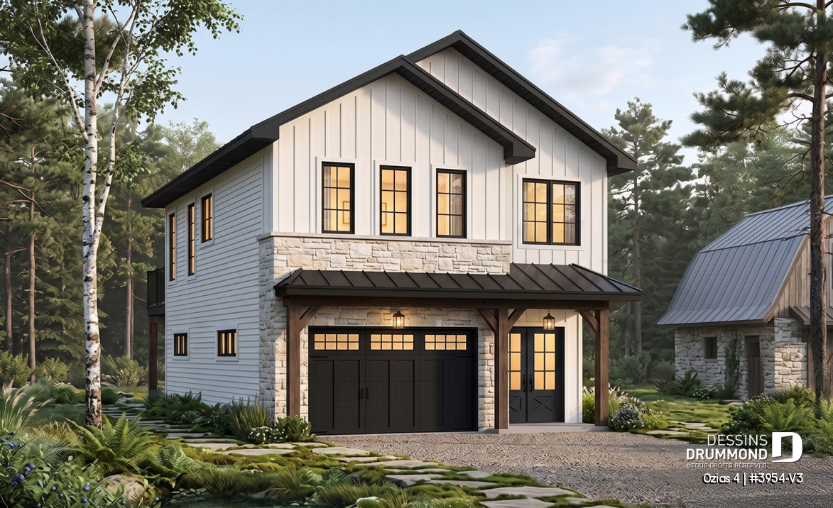 Vue avant - MODÈLE DE BASE - Plan de garage double avec logement complet de 2 chambres à l’étage, pour terrain avec vue ou au bord de l’eau - Ozias 4