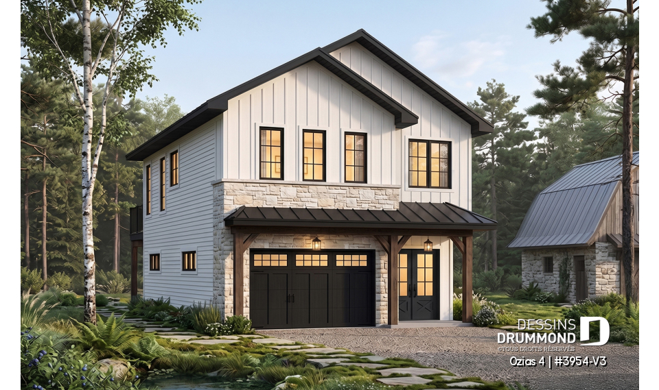 Vue avant - MODÈLE DE BASE - Plan de garage double avec logement complet de 2 chambres à l’étage, pour terrain avec vue ou au bord de l’eau - Ozias 4