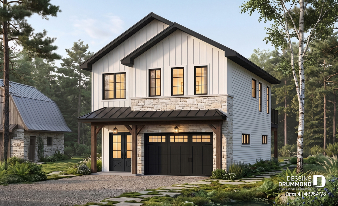 Vue avant - MODÈLE DE BASE - Plan de garage double avec logement complet de 2 chambres à l’étage, pour terrain avec vue ou au bord de l’eau - Ozias 4