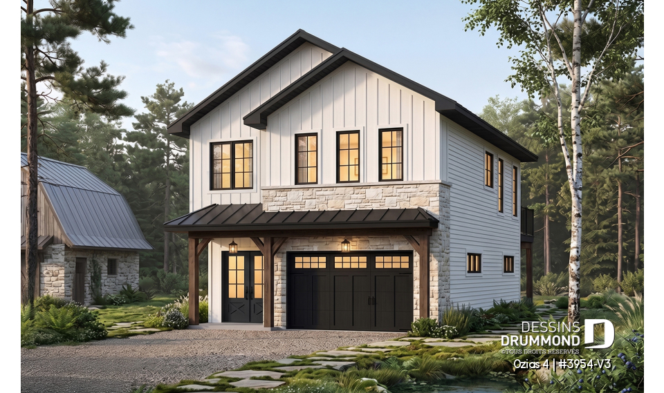 Vue avant - MODÈLE DE BASE - Plan de garage double avec logement complet de 2 chambres à l’étage, pour terrain avec vue ou au bord de l’eau - Ozias 4