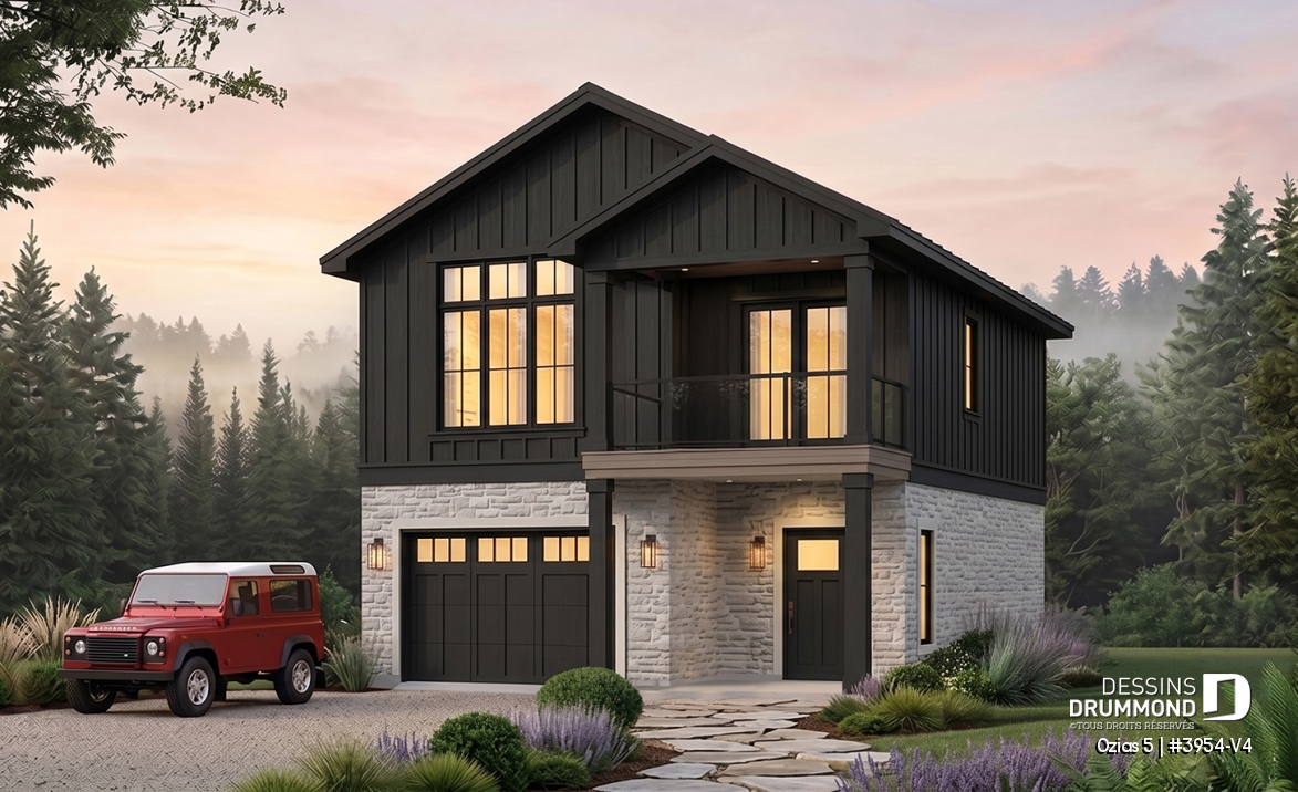 Vue avant - MODÈLE DE BASE - Plan avec logement de 2 chambres à l’étage et garage tandem pour 2 voitures, pour un terrain étroit avec vue. - Ozias 5