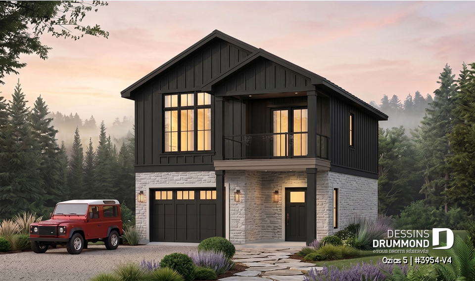 Vue avant - MODÈLE DE BASE - Plan avec logement de 2 chambres à l’étage et garage tandem pour 2 voitures, pour un terrain étroit avec vue. - Ozias 5