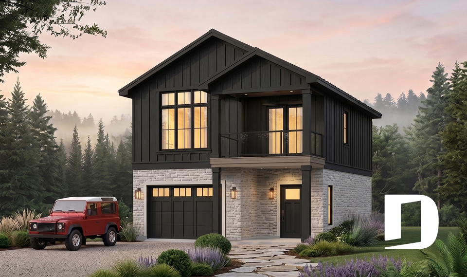 Vue avant - MODÈLE DE BASE - Plan avec logement de 2 chambres à l’étage et garage tandem pour 2 voitures, pour un terrain étroit avec vue. - Ozias 5