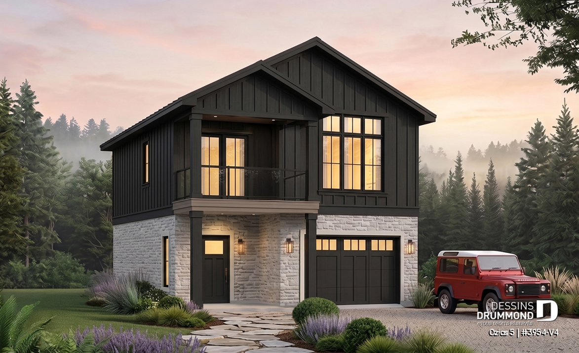 Vue avant - MODÈLE DE BASE - Plan avec logement de 2 chambres à l’étage et garage tandem pour 2 voitures, pour un terrain étroit avec vue. - Ozias 5