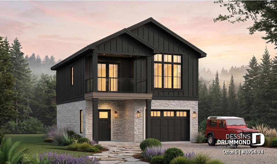Vue avant - MODÈLE DE BASE - Plan avec logement de 2 chambres à l’étage et garage tandem pour 2 voitures, pour un terrain étroit avec vue. - Ozias 5