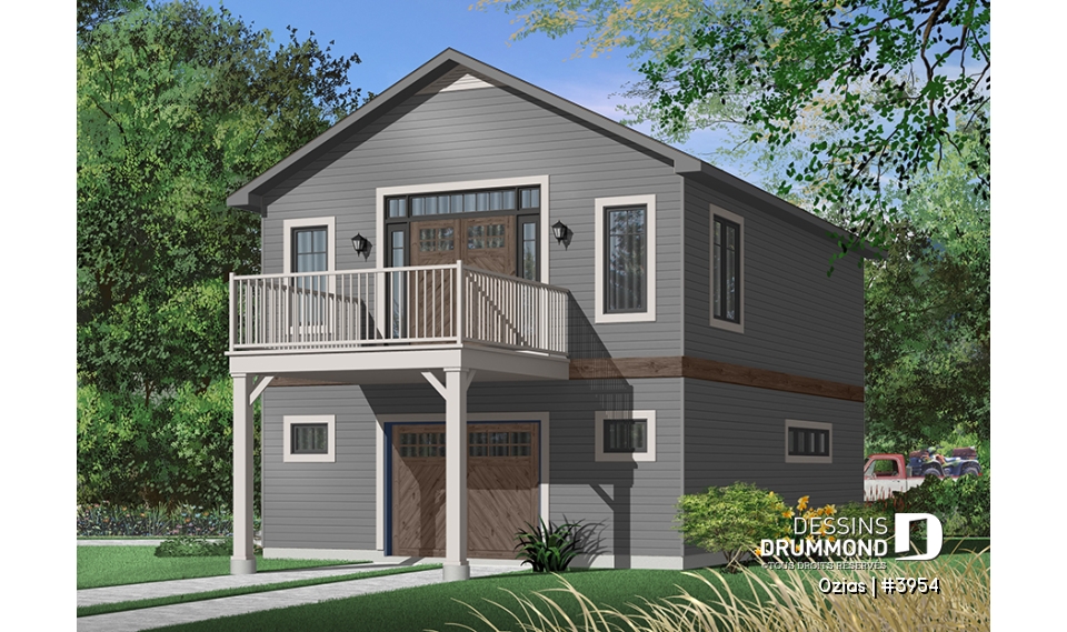 Version couleur no. 7 - Vue arrière - Plan de garage avec logement à l'étage, espace pour une voiture &amp; atelier au r-d-c, plafond cathédral, écono - Ozias