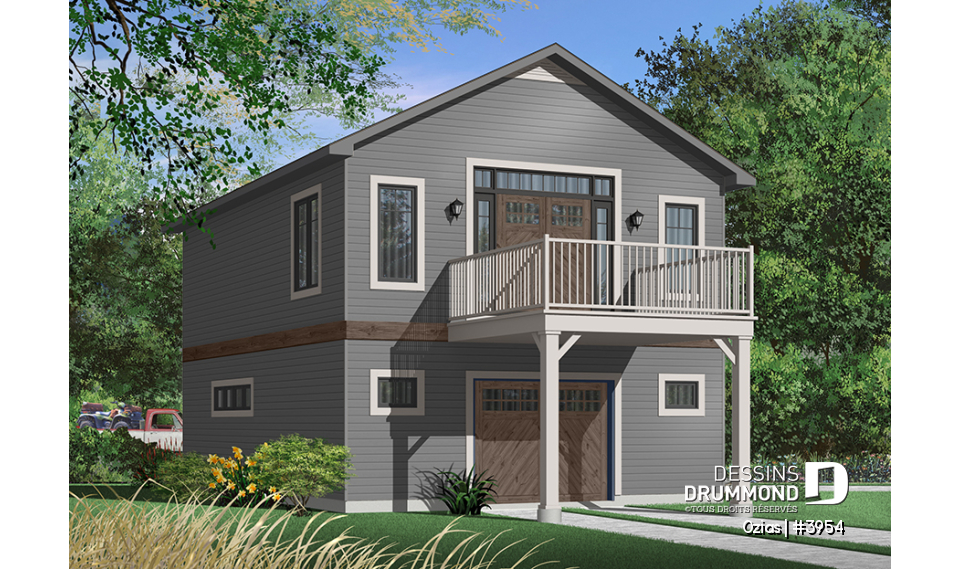 Version couleur no. 7 - Vue arrière - Plan de garage avec logement à l'étage, espace pour une voiture &amp; atelier au r-d-c, plafond cathédral, écono - Ozias